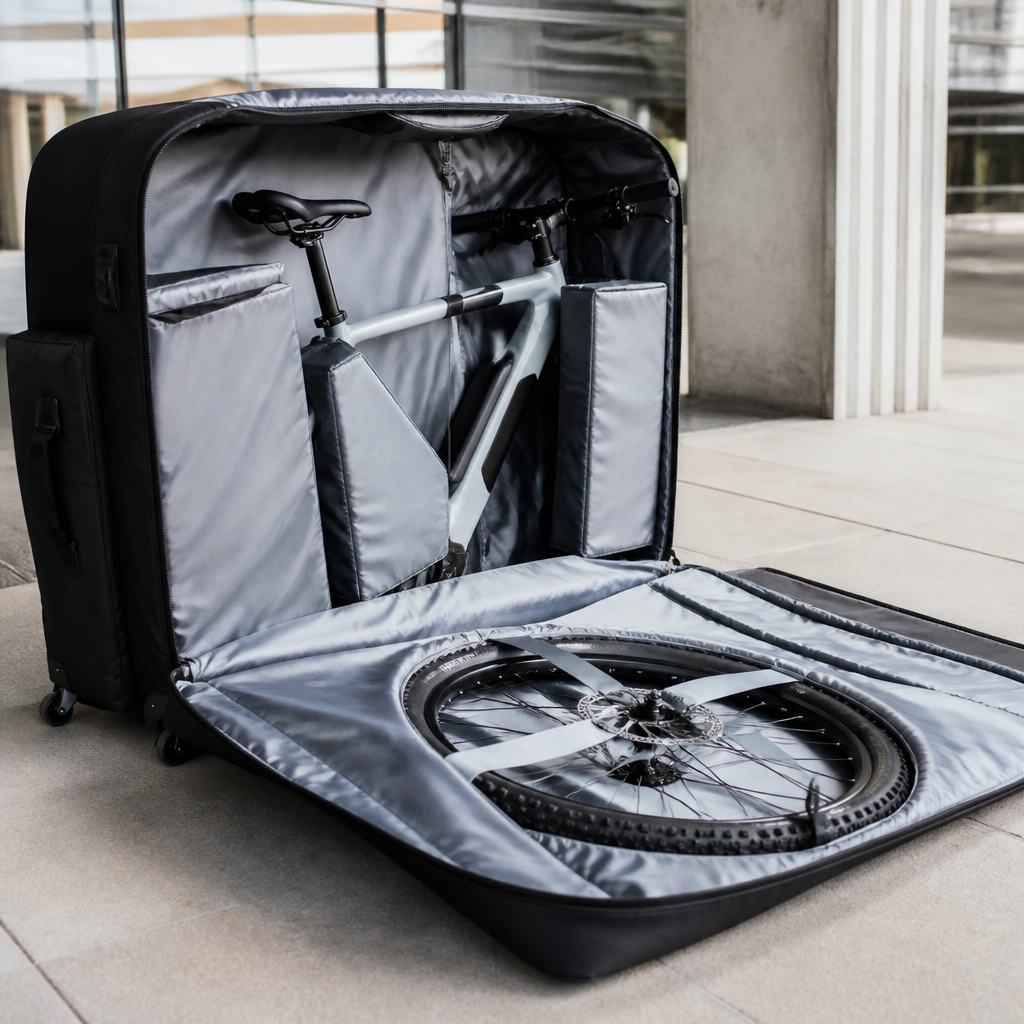 Geöffnete gepolsterte Transporttasche mit einem E-Bike und separatem Fach für das Laufrad
