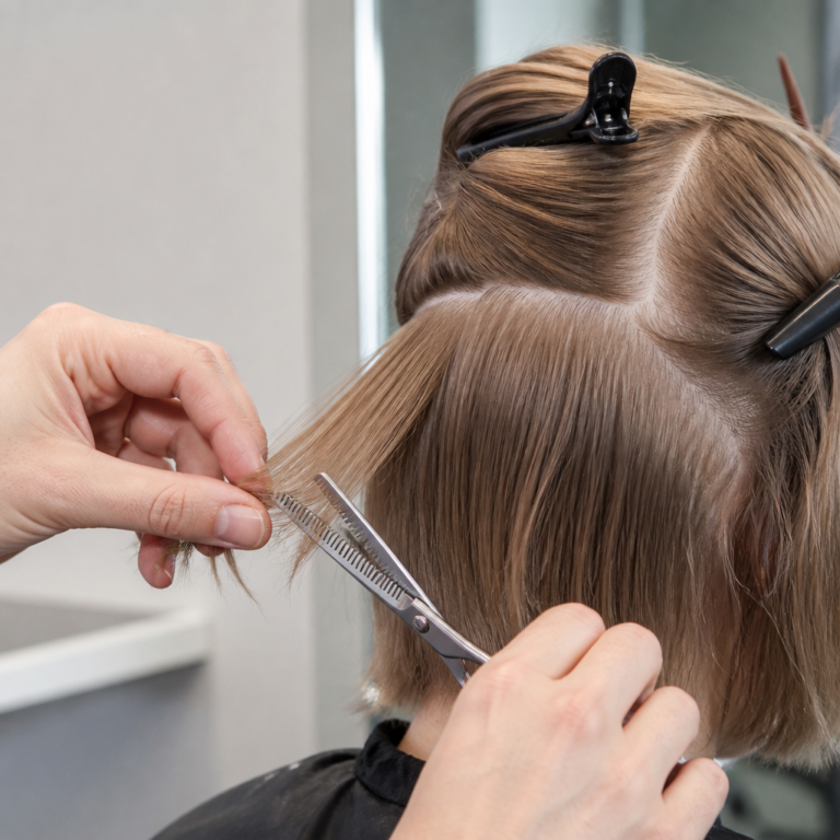 Vorsichtige Anwendung einer Effilierschere an einer abgeteilten Haarstru00e4hne