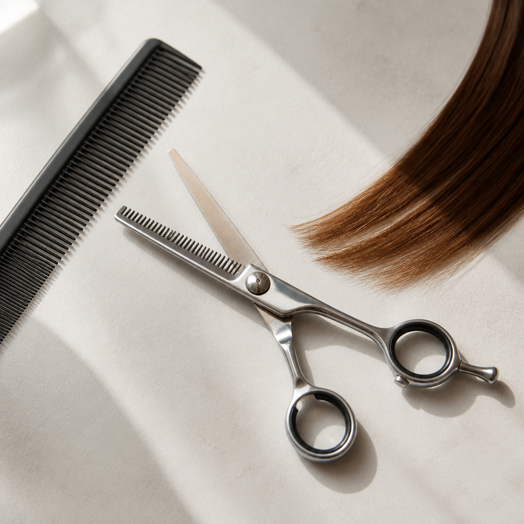 Effilierschere mit deutlich sichtbarer gezahnter Schneide auf einer Friseur-Arbeitsfläche