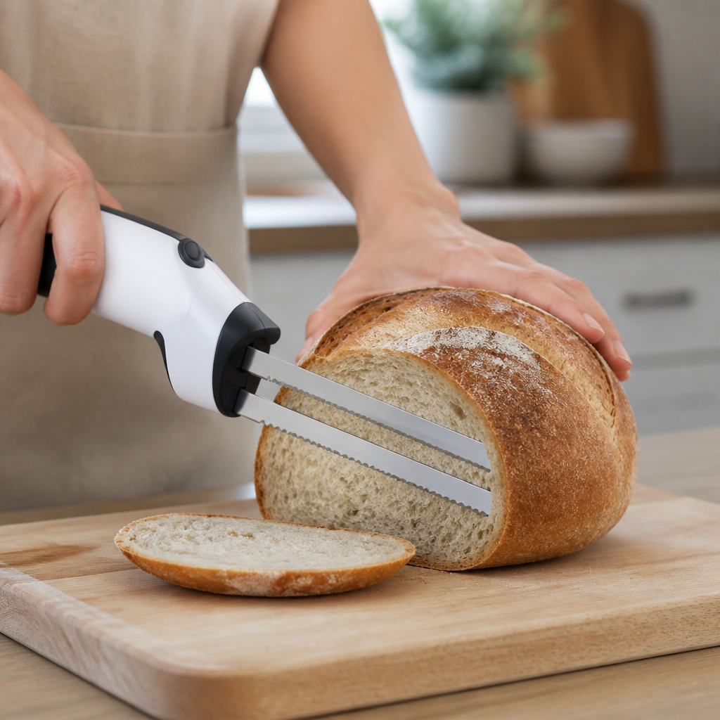 Elektromesser mit gezahnten Klingen beim Schneiden eines Brotlaibs