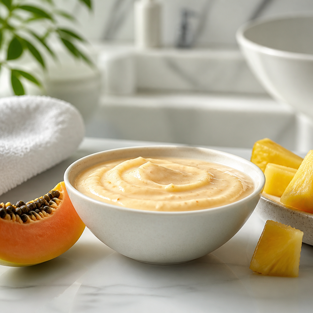 Cremiges Enzympeeling neben Papaya und Ananas auf einer hellen Badezimmeroberfläche