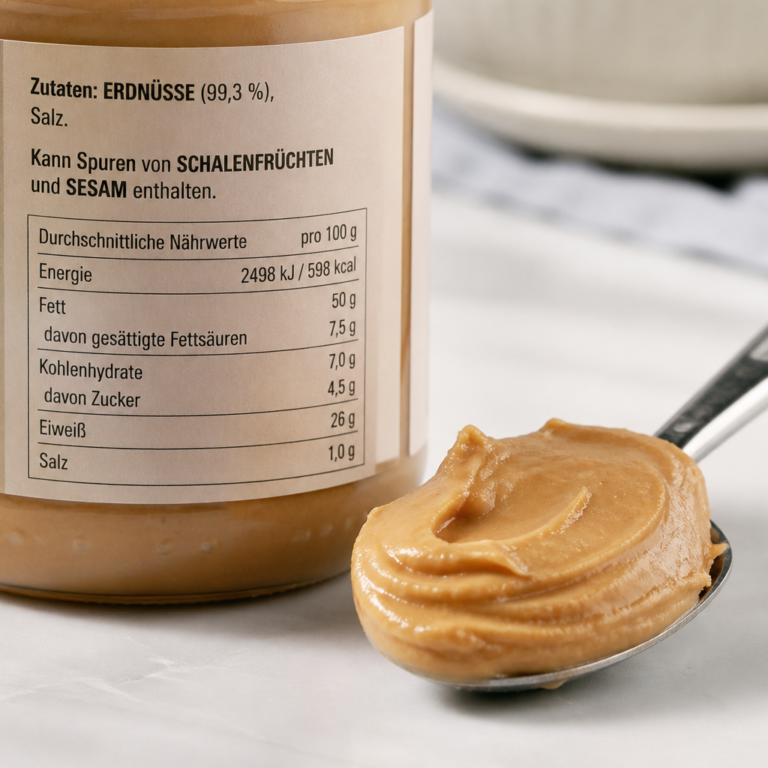 Zutatenliste und cremige Erdnussbutter bei der Qualitu00e4tspru00fcfung