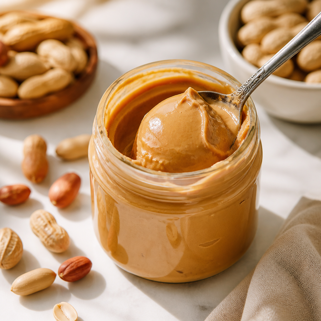 Geöffnetes Glas Erdnussbutter mit Löffel und gerösteten Erdnüssen auf einer Küchenarbeitsfläche