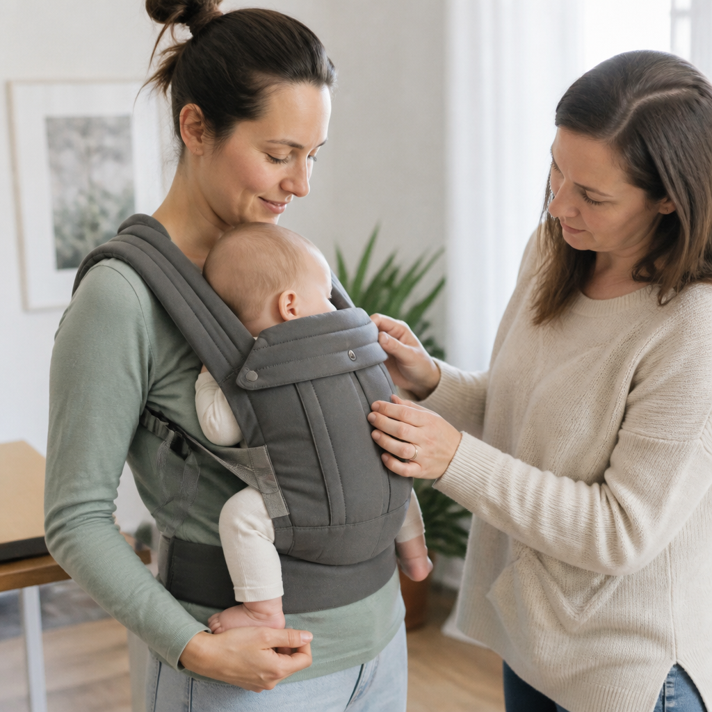 Ergonomische Babytrage mit sicher positioniertem Baby und gut eingestellten Trägern