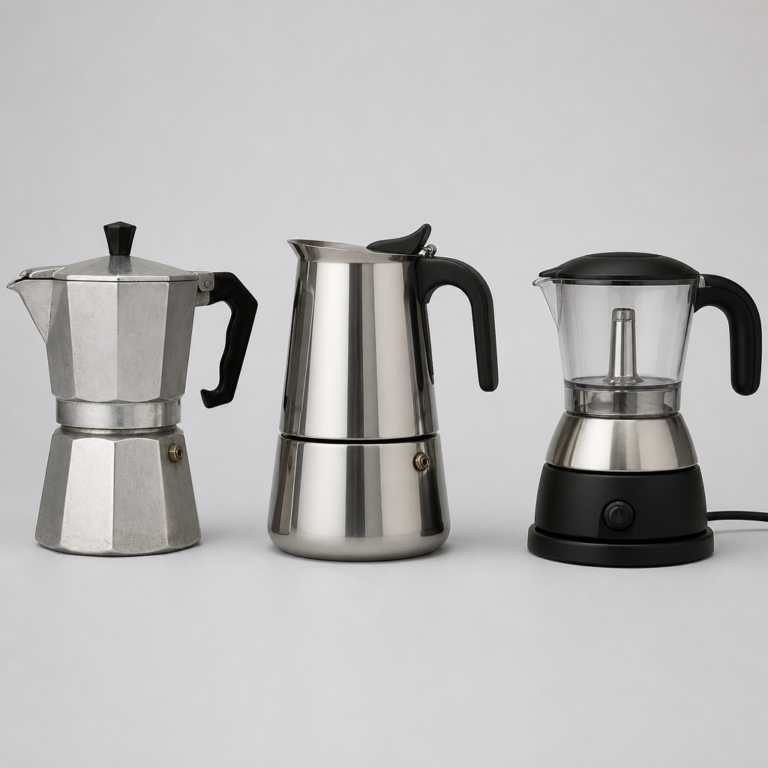 Vergleich von Aluminiumkanne, Edelstahlkanne und elektrischem Espressokocher