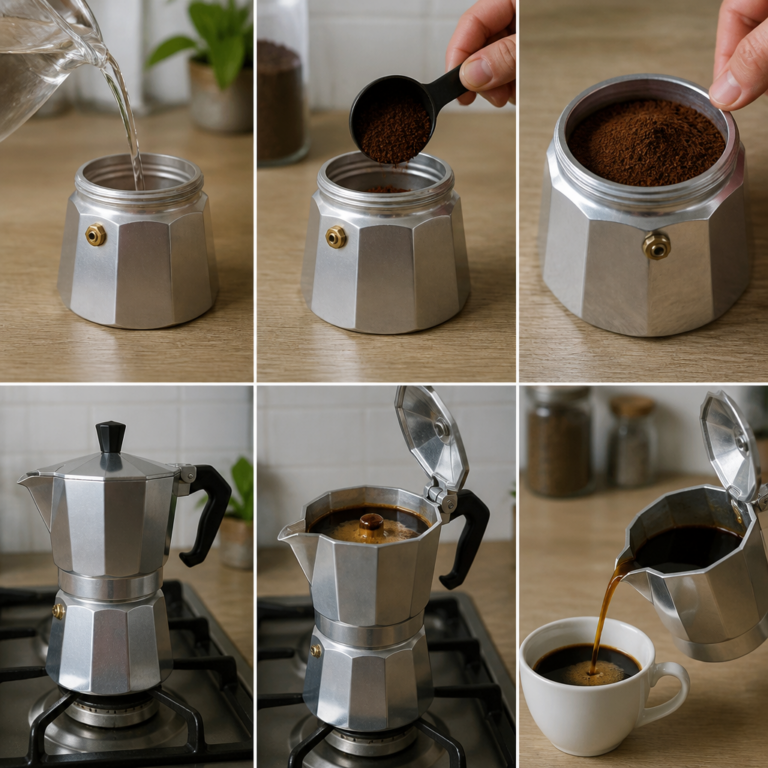 Zubereitung von Kaffee mit einer Mokkakanne auf dem Herd