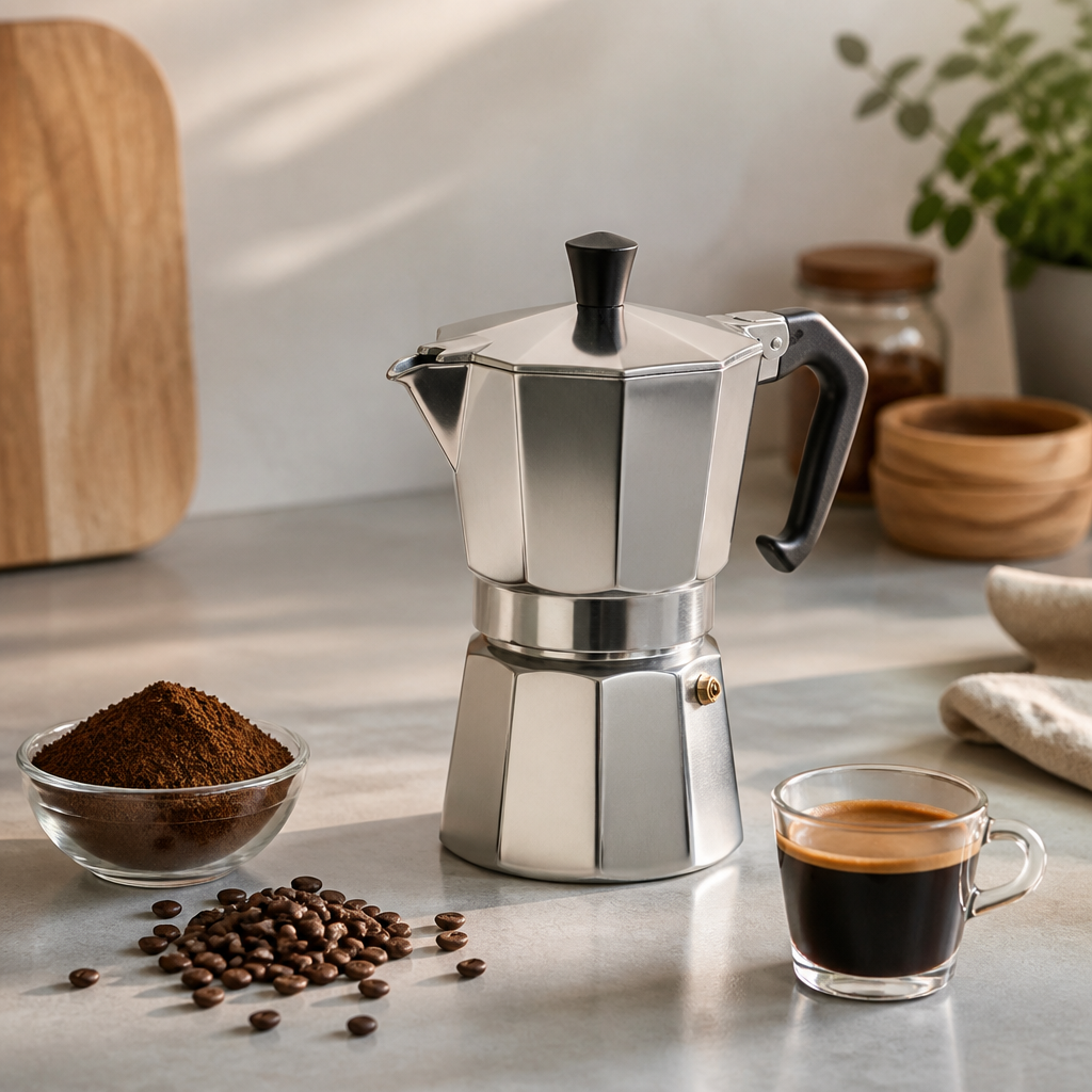 Edelstahl-Espressokocher neben Kaffeebohnen und einer kleinen Tasse Kaffee