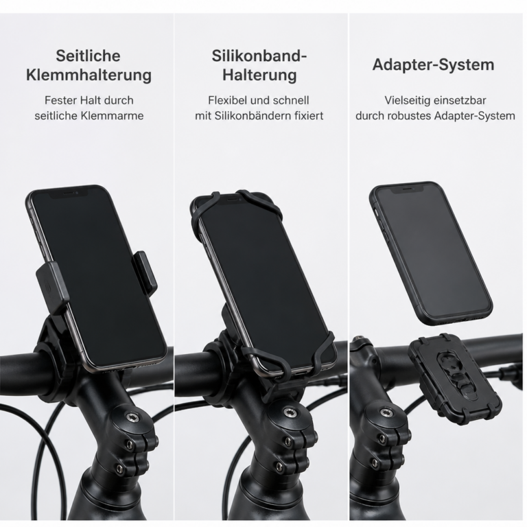 Drei unterschiedliche Halterungstypen fu00fcr Smartphones am Fahrradlenker