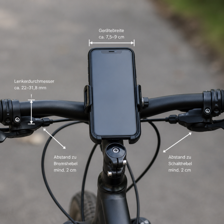 Montierte Smartphone-Halterung mit ausreichendem Abstand zu Fahrradbedienelementen