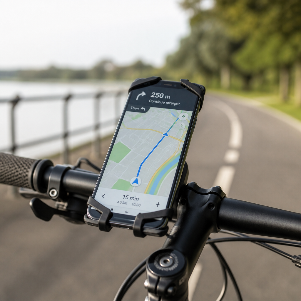 Fahrrad-Handyhalterung mit Smartphone am Fahrradlenker auf einem Radweg