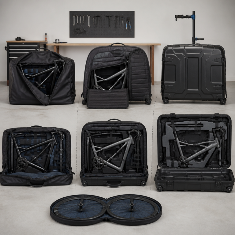 Vergleich einer weichen Fahrradtasche mit einer strukturierten Reisetasche und einem Fahrradkoffer