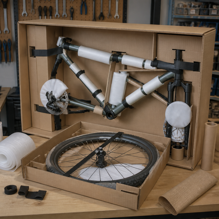 Zerlegtes Fahrrad mit Innenpolstern und Fixiergurten in einer Transporttasche