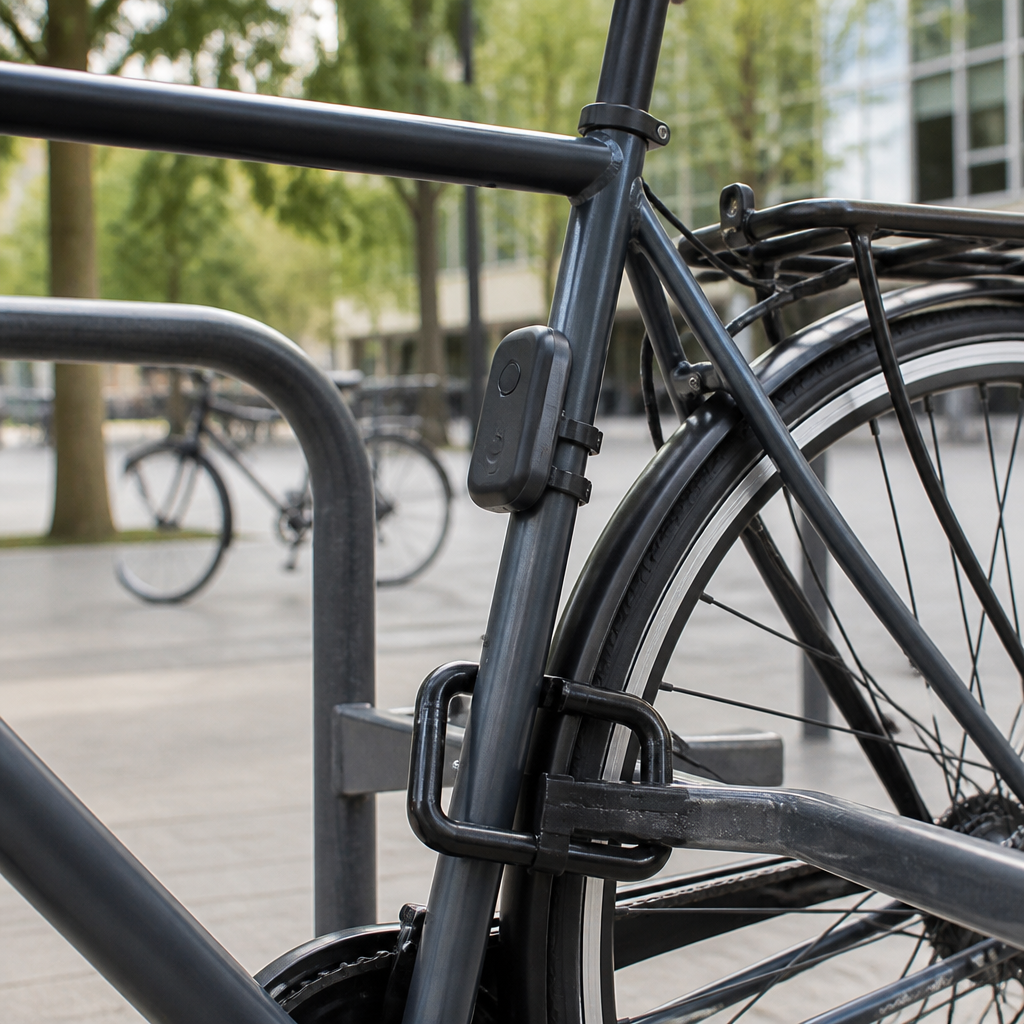 Fahrradalarmanlage am Fahrradrahmen neben einem stabilen Fahrradschloss