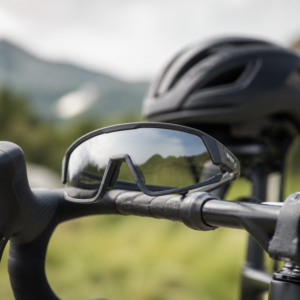 Sportliche Fahrradbrille auf einem Fahrradlenker mit Helm im Hintergrund