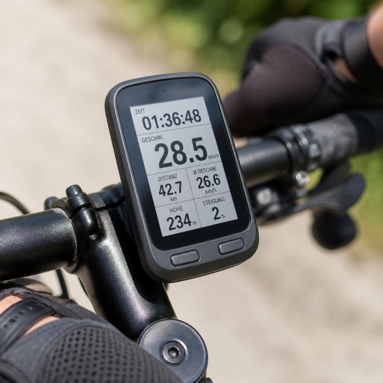 Gut lesbares Display eines Fahrradcomputers bei Tageslicht