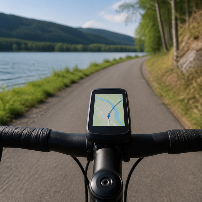 GPS-Fahrradcomputer mit Kartenansicht an einer Radroute