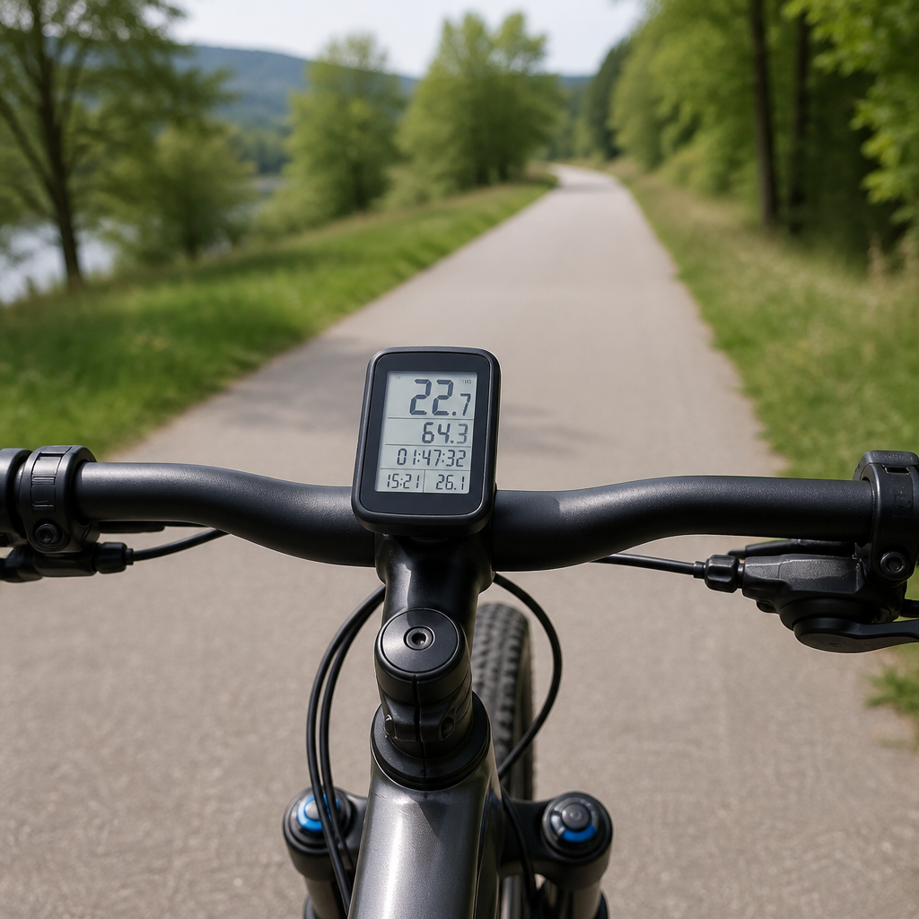 Fahrradcomputer am Lenker eines Fahrrads mit gut lesbarer Anzeige
