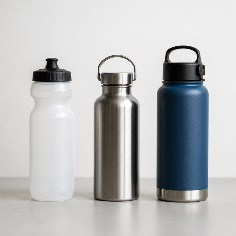 Vergleich aus Kunststoffflasche, Edelstahlflasche und isolierter Fahrradflasche