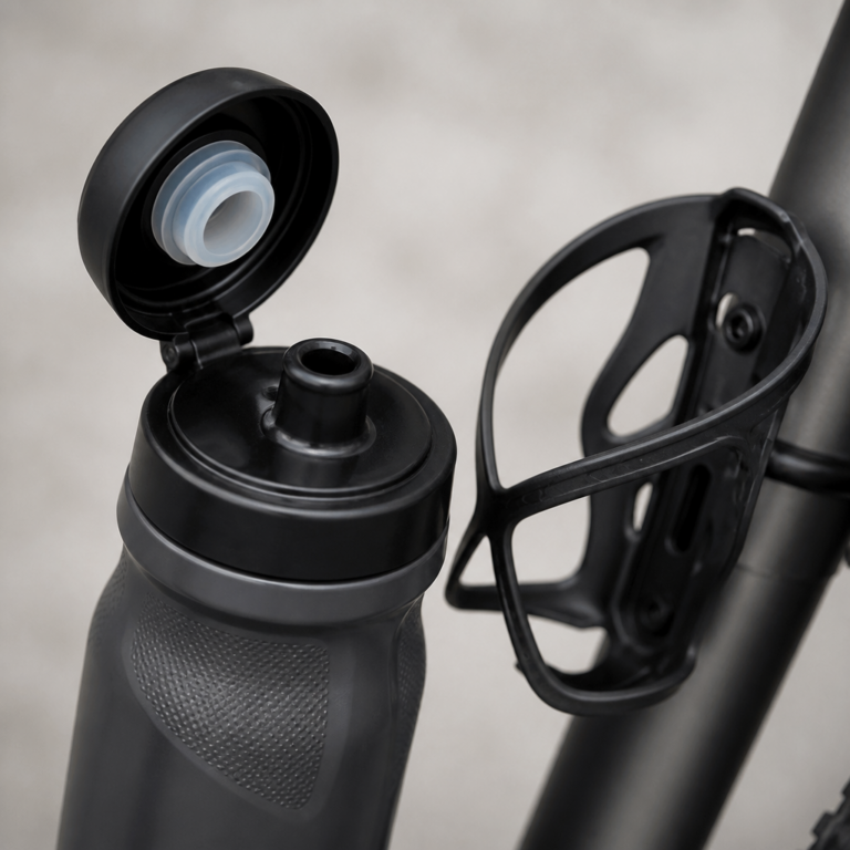 Detailansicht von Dichtung, Trinku00f6ffnung und Oberflu00e4che einer Fahrradflasche