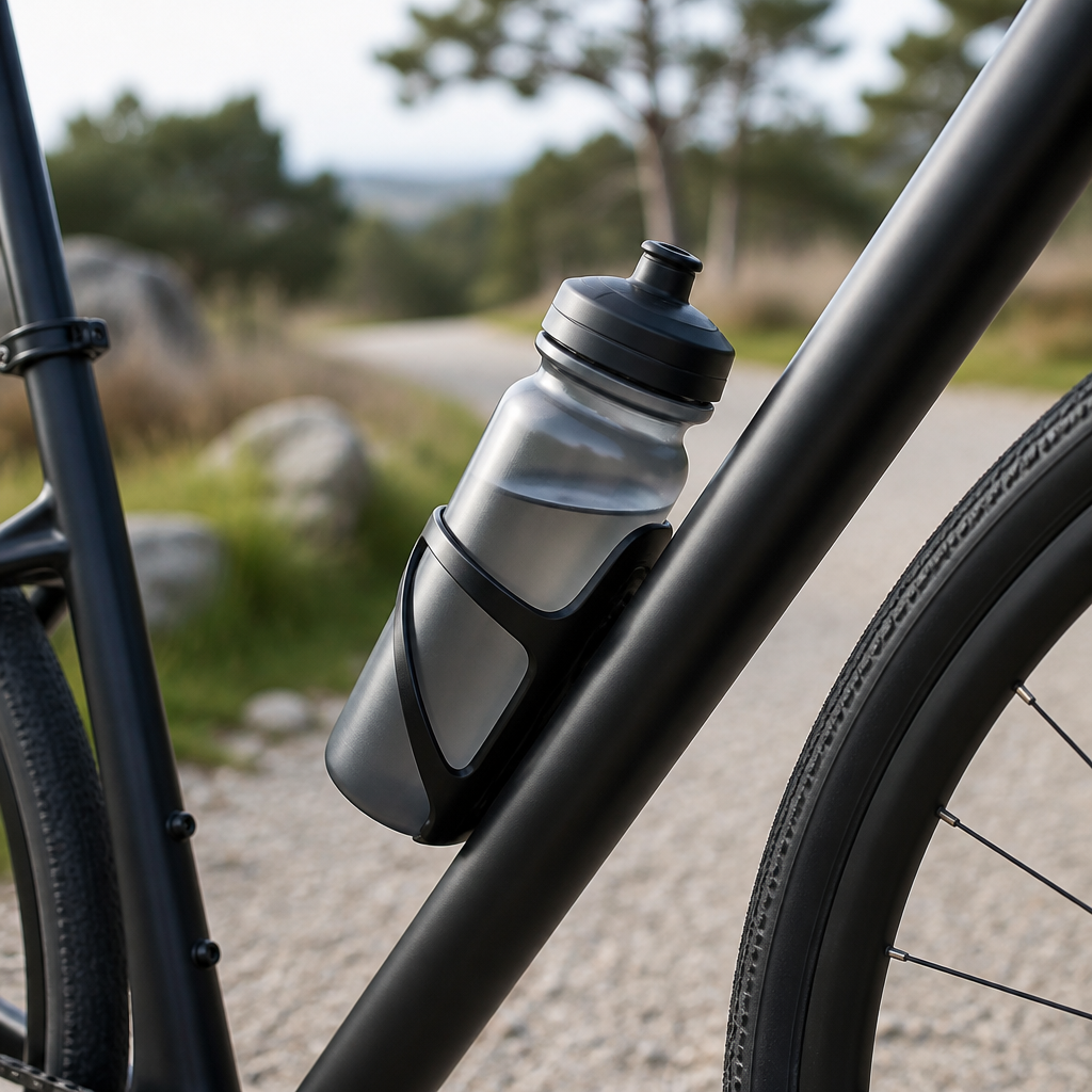 Wiederverwendbare Fahrradflasche im Flaschenhalter eines Fahrrads
