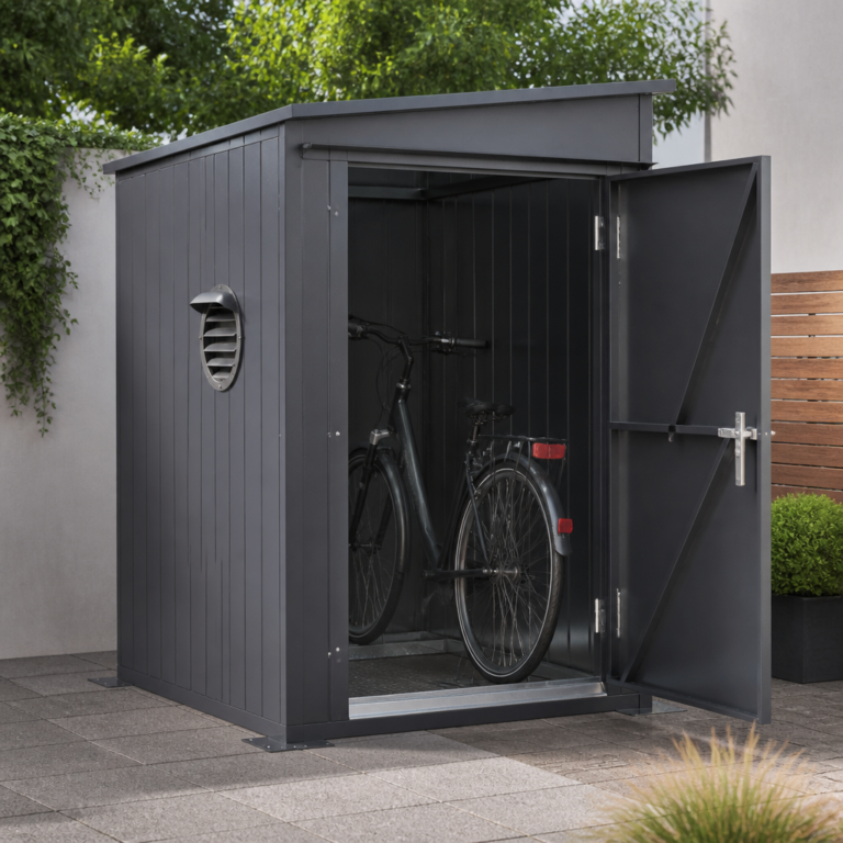 Bodenverankerung, Belu00fcftung und Dachgefu00e4lle an einer Fahrradgarage