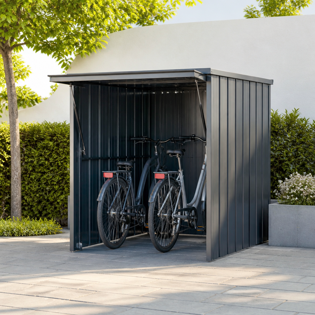 Fahrräder geschützt in einer modernen Fahrradgarage im Garten