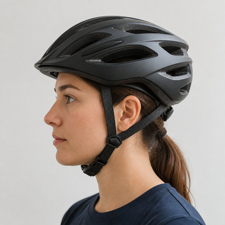 Korrekt eingestellter Fahrradhelm mit waagerechtem Sitz und richtig gefu00fchrten Riemen
