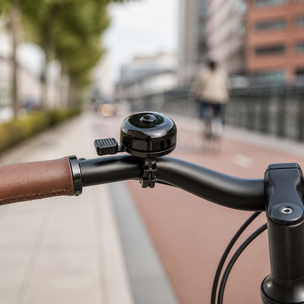 Fahrradklingel an einem Fahrradlenker im urbanen Straßenverkehr