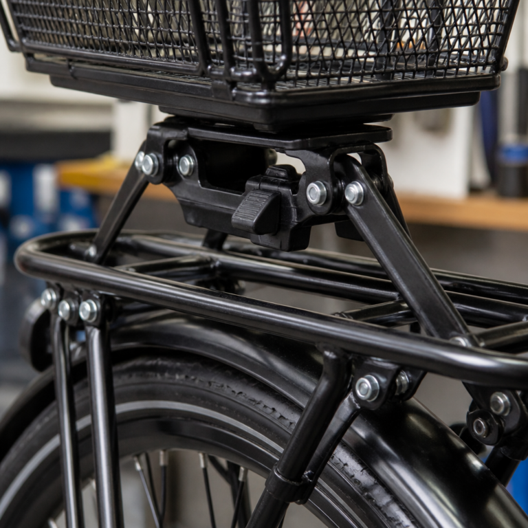Detailansicht der Befestigung eines Fahrradkorbs am Gepu00e4cktru00e4ger