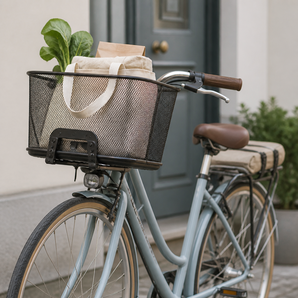 Fahrradkorb an einem City-Fahrrad mit Einkaufstasche