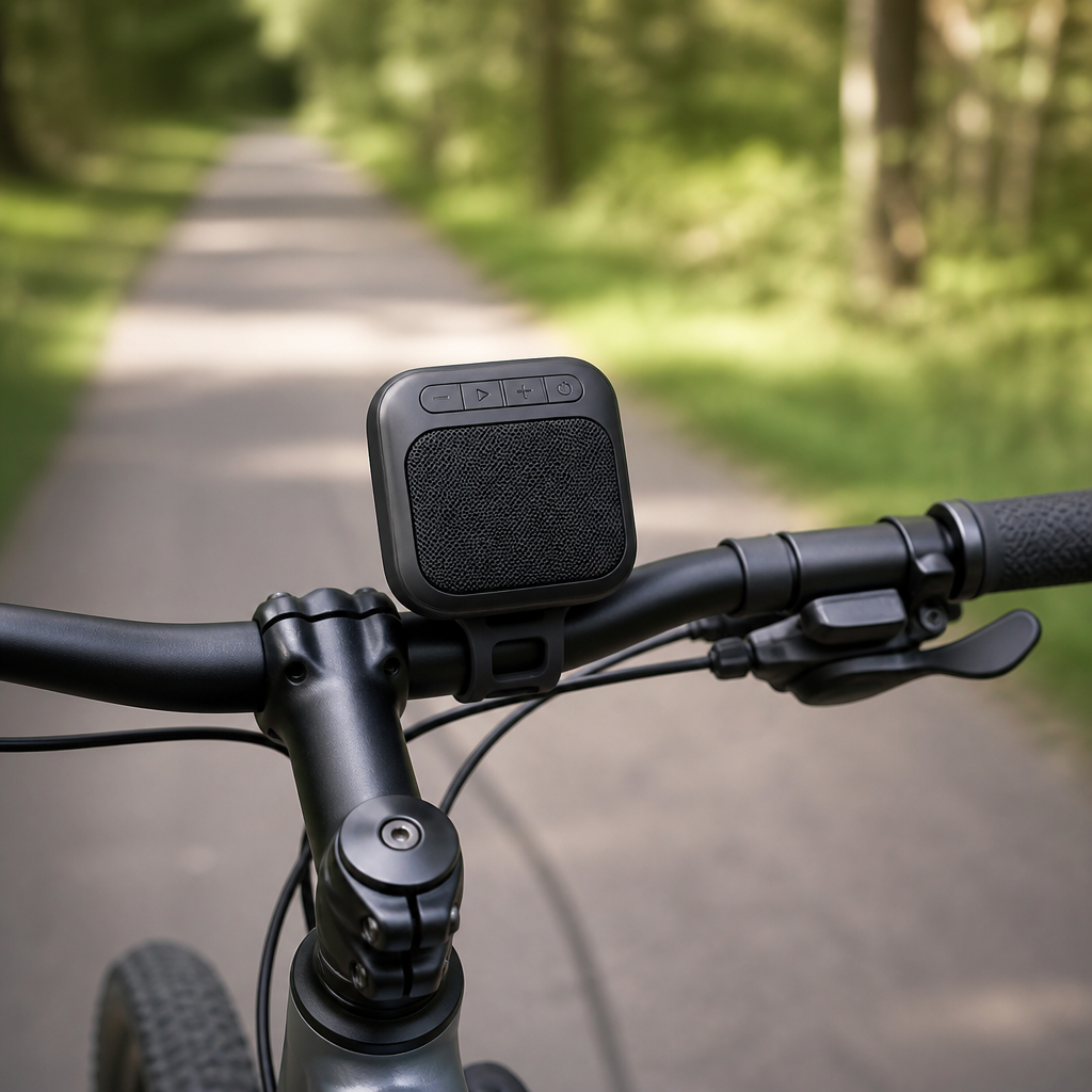 Kompaktes Fahrradradio am Fahrradlenker auf einem ruhigen Radweg