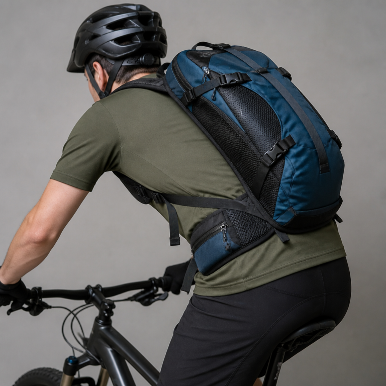 Richtig eingestelltes Tragesystem eines Fahrradrucksacks in Fahrhaltung
