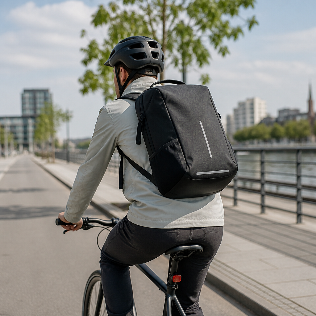 Moderner Fahrradrucksack beim Radfahren auf einem urbanen Fahrradweg