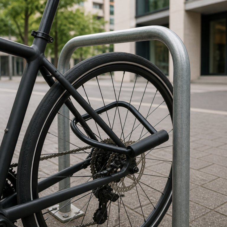 Korrekt angeschlossenes Fahrrad mit Schloss durch Rahmen und Hinterrad