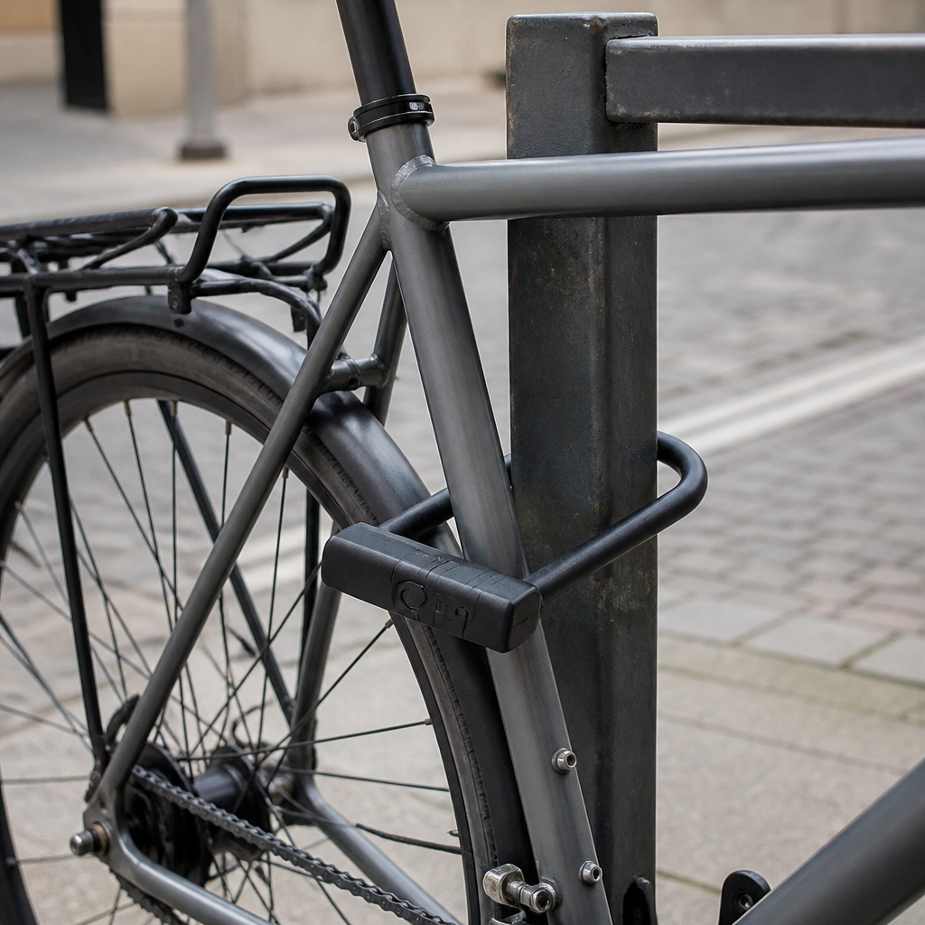 Fahrrad mit einem robusten Schloss an einem festen Fahrradständer