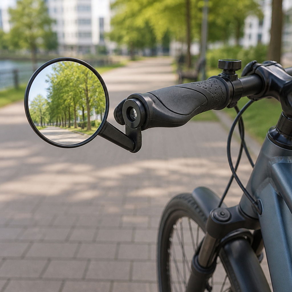 Fahrradspiegel an einem Trekkingrad mit sichtbarer Lenkerendmontage