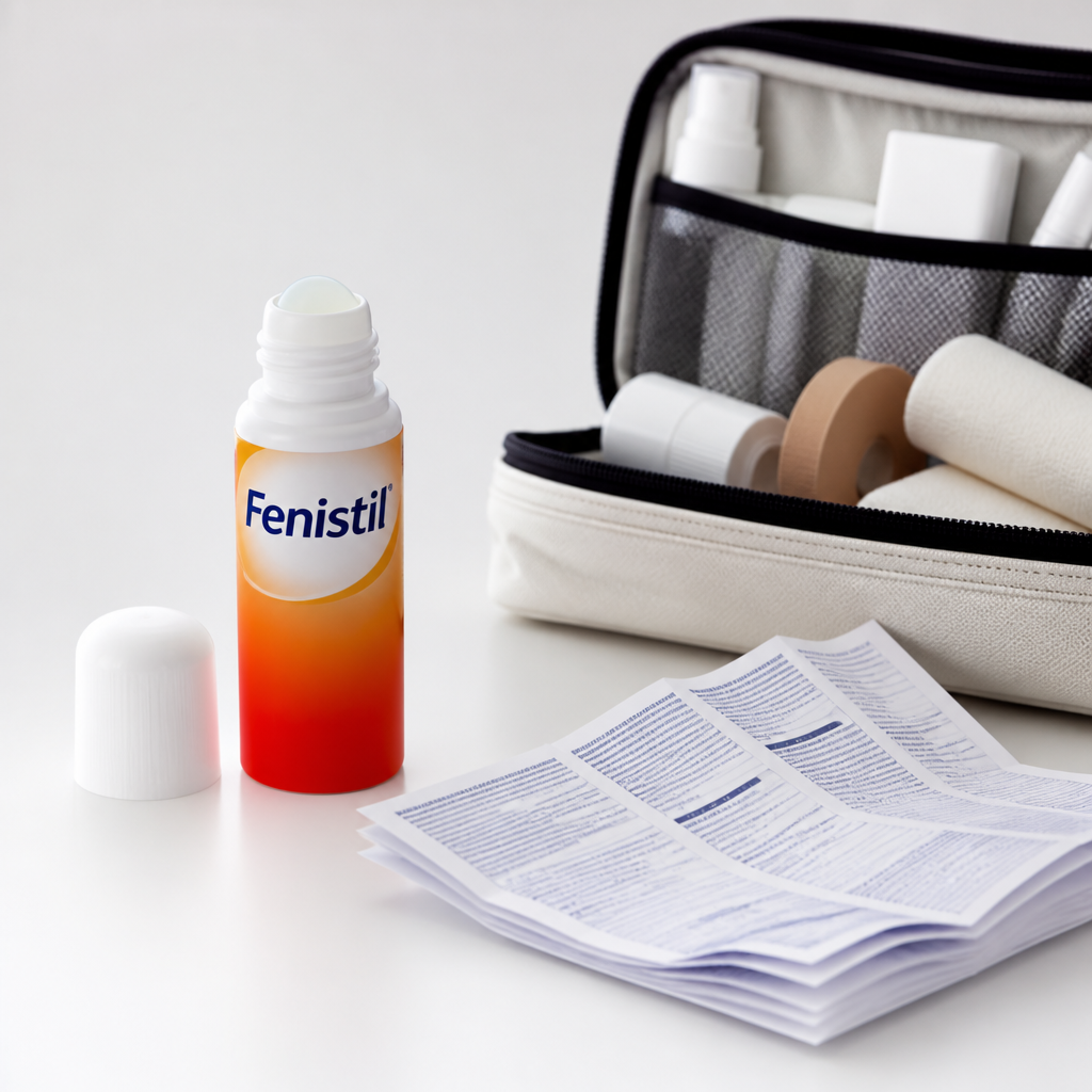 Fenistil Roll-on neben Packungsbeilage und Reiseapotheke