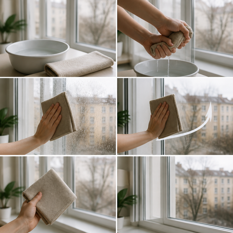 Leicht ausgewrungenes Tuch beim gleichmu00e4u00dfigen Reinigen einer Fensterscheibe