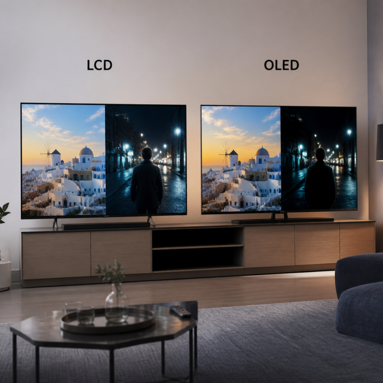 Vergleich von LCD- und OLED-Fernseher mit heller und dunkler Bildszene
