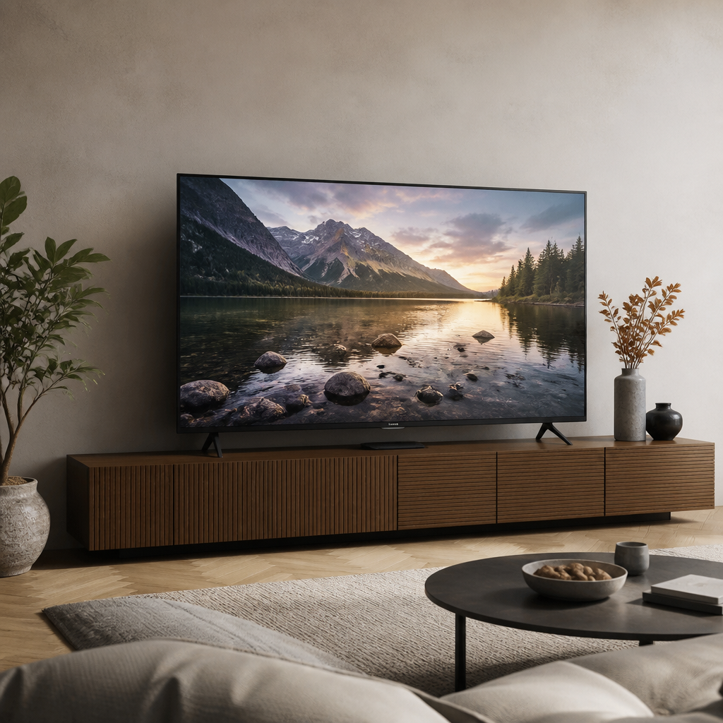 Moderner Fernseher in einem hell eingerichteten Wohnzimmer