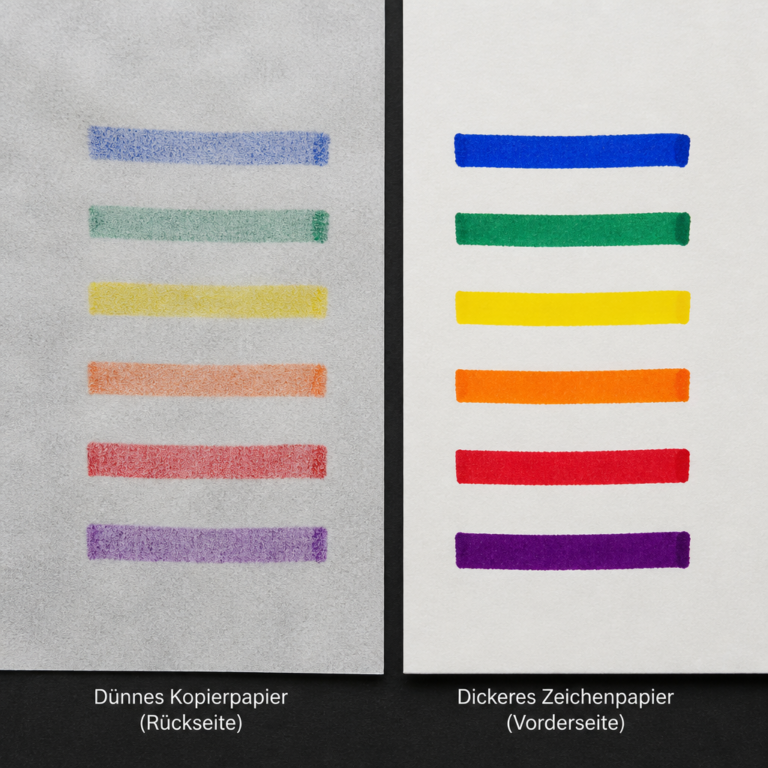 Farbauftrag von Filzstiften auf du00fcnnem und dickem Papier im Vergleich