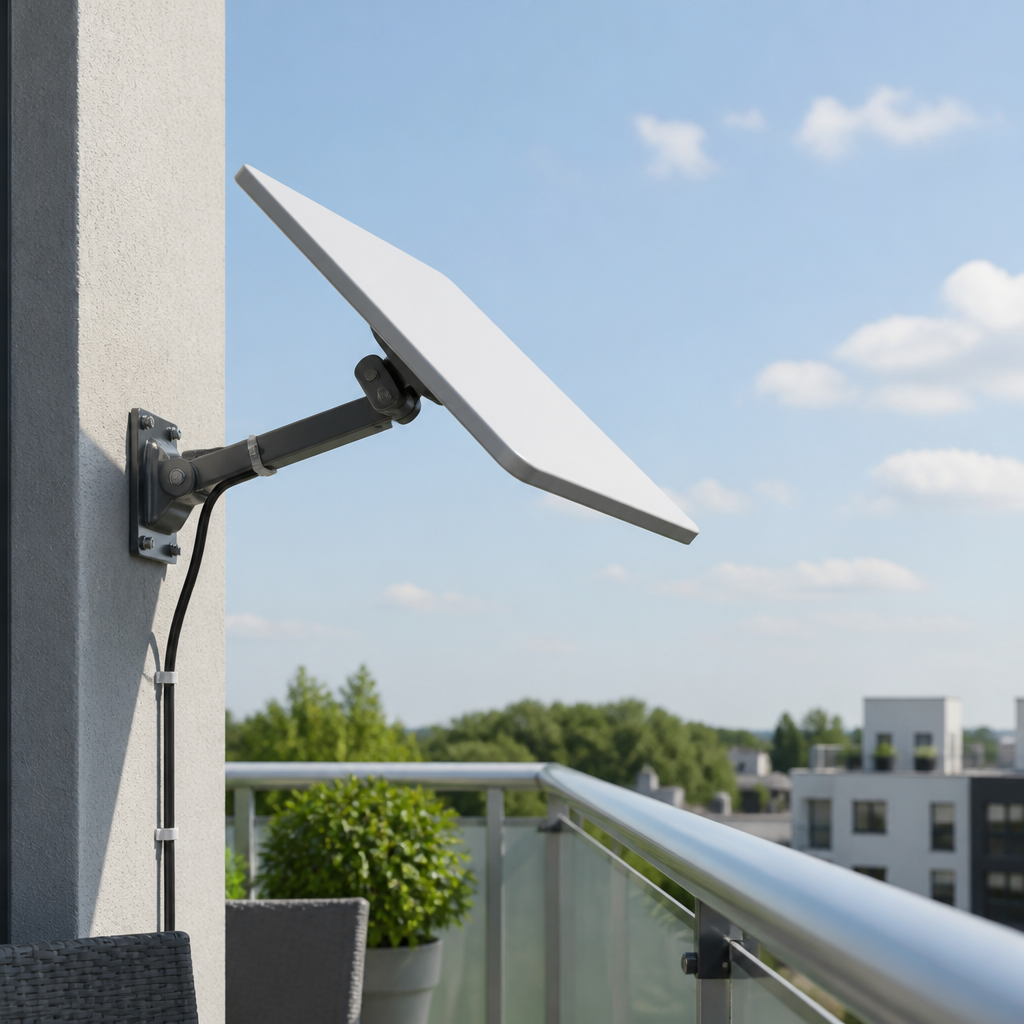 Flache Satellitenantenne mit Halterung auf einem Balkon