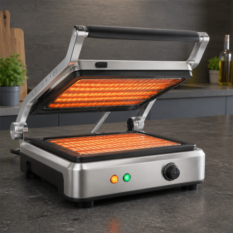 Detailansicht eines Flachtoasters mit Heizflu00e4che, Griff, Scharnier und Kontrollleuchten