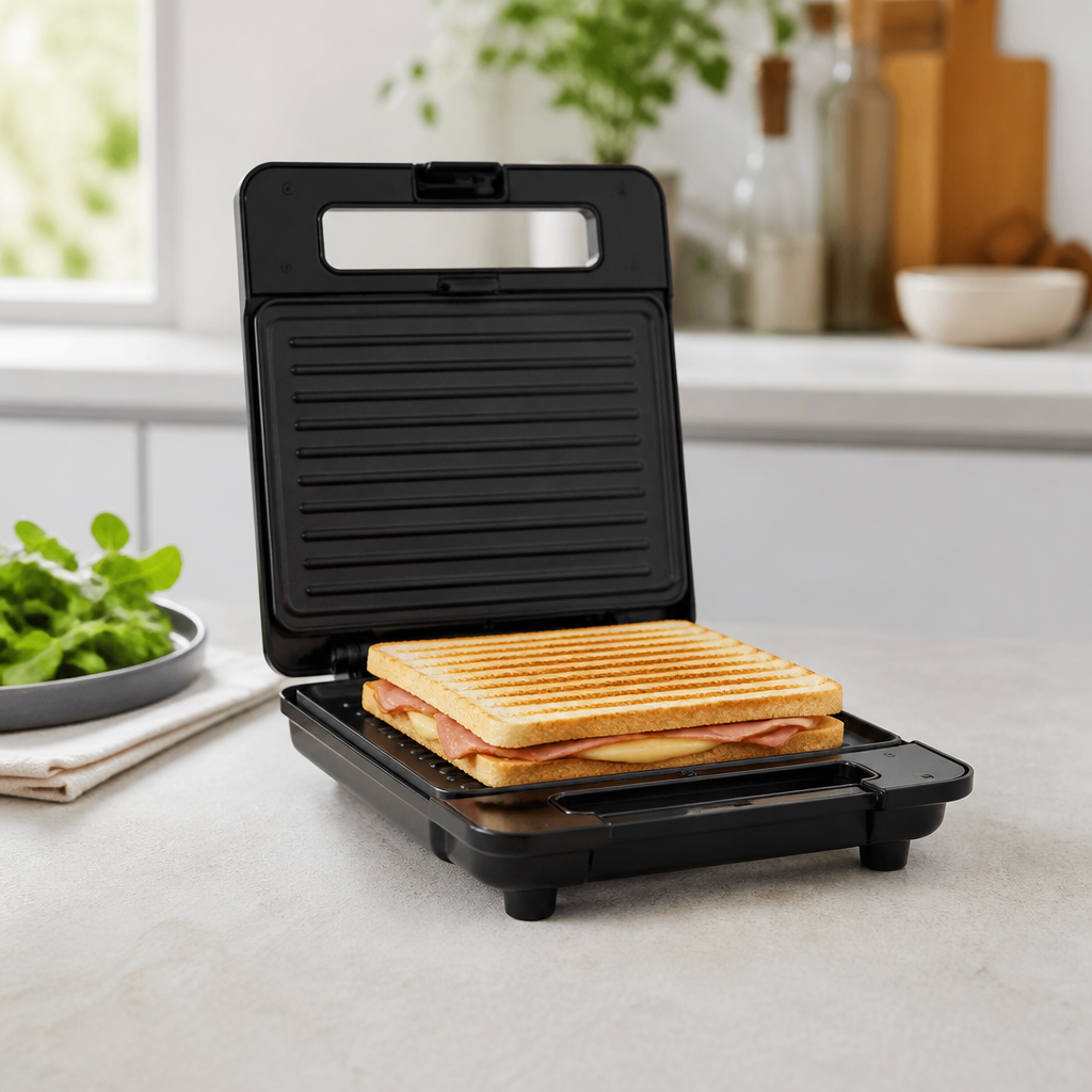 Geöffneter Flachtoaster mit goldbraunem Sandwich auf einer Küchenarbeitsplatte
