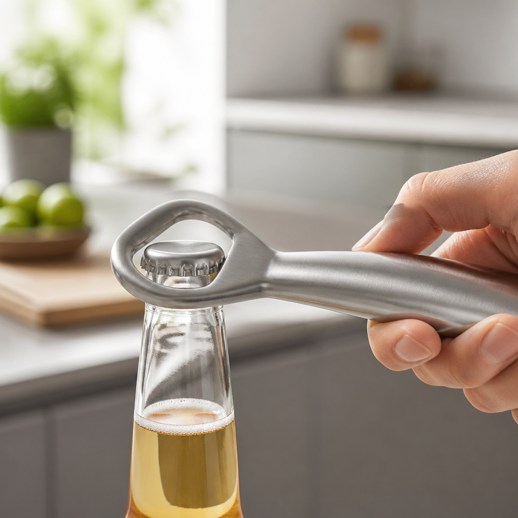 Klassischer Flaschenöffner aus Edelstahl beim Öffnen einer Glasflasche