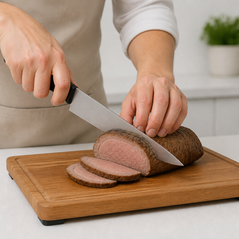 Sichere Fu00fchrung eines Fleischmessers beim Portionieren eines Bratens