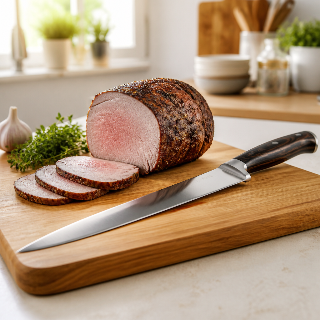 Fleischermesser mit langer Klinge neben portioniertem Braten auf einem Holzschneidebrett