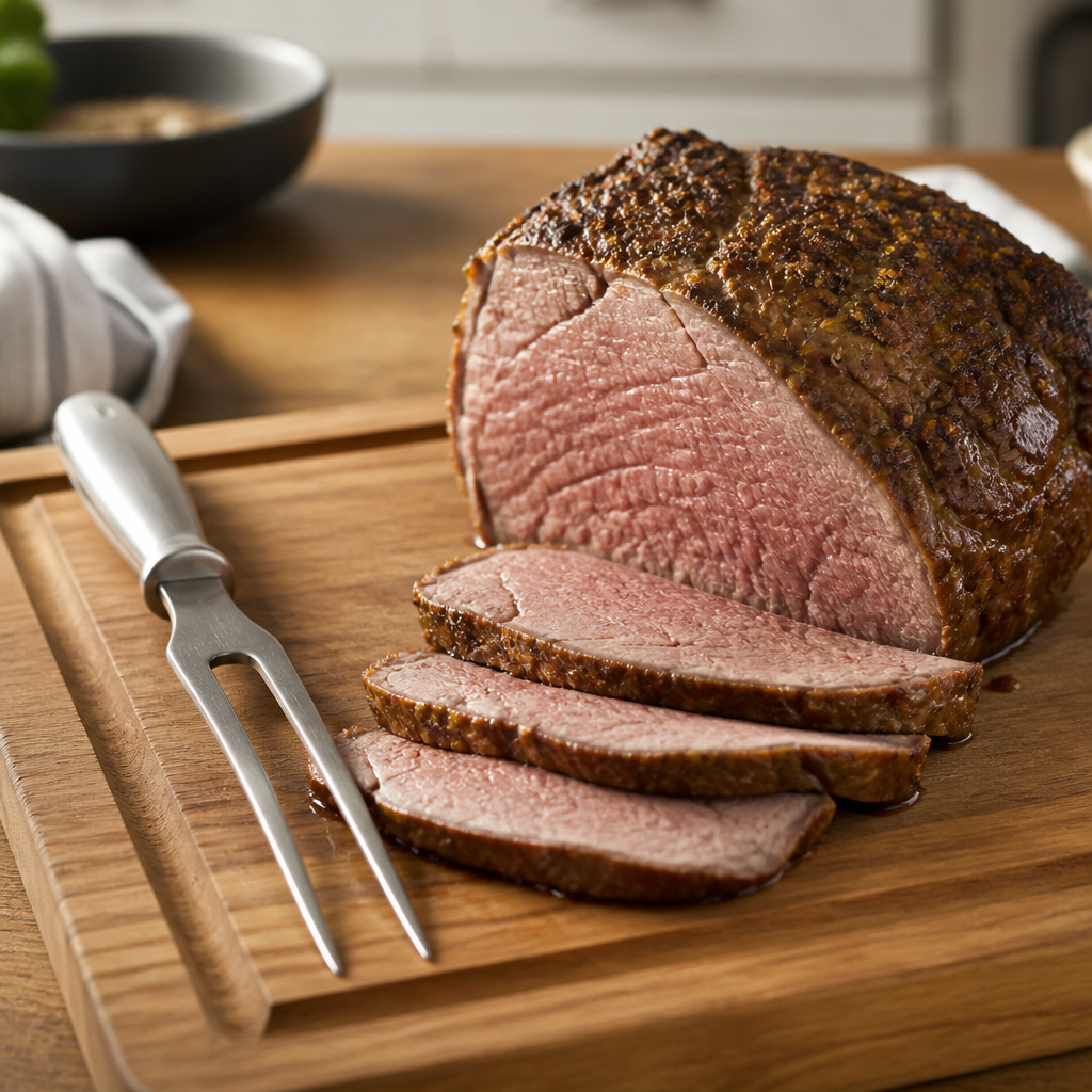 Fleischgabel aus Edelstahl neben einem aufgeschnittenen Braten