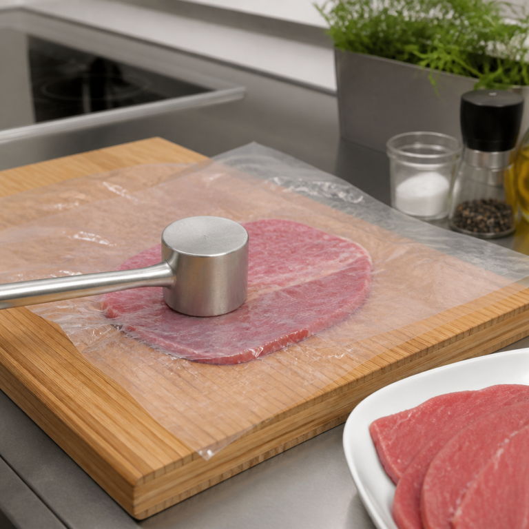 Fleisch wird zwischen Folie mit der glatten Seite eines Fleischklopfers bearbeitet