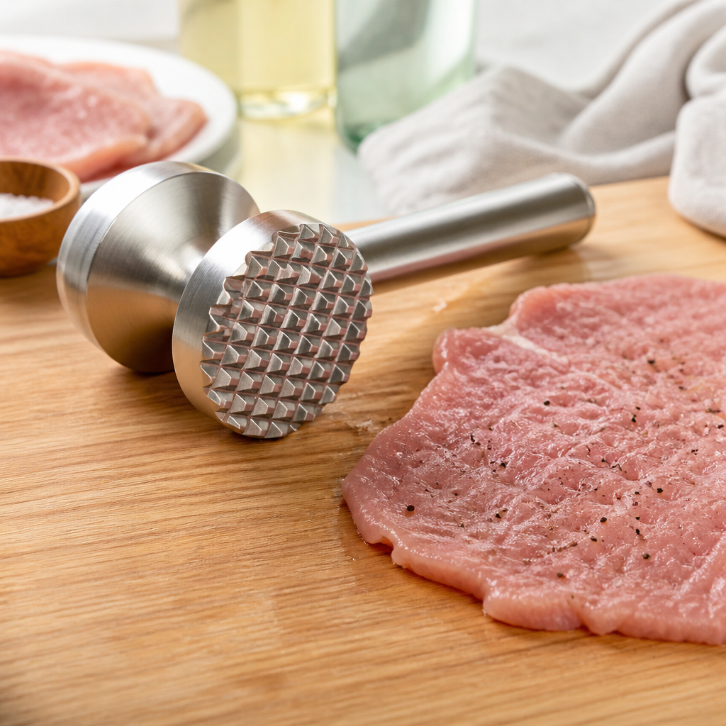 Fleischklopfer mit glatter und geriffelter Schlagfläche neben einem Schnitzel